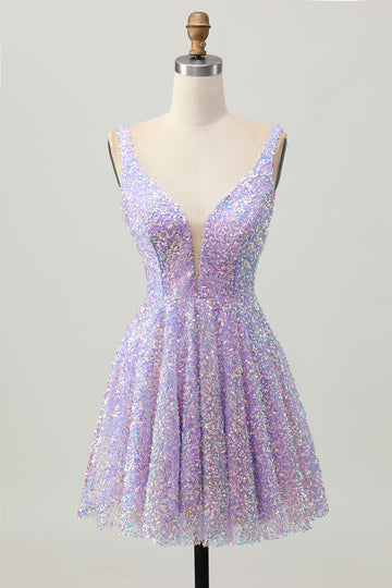 Sequins A Line Lilac V-Neck Short Homecoming Dress